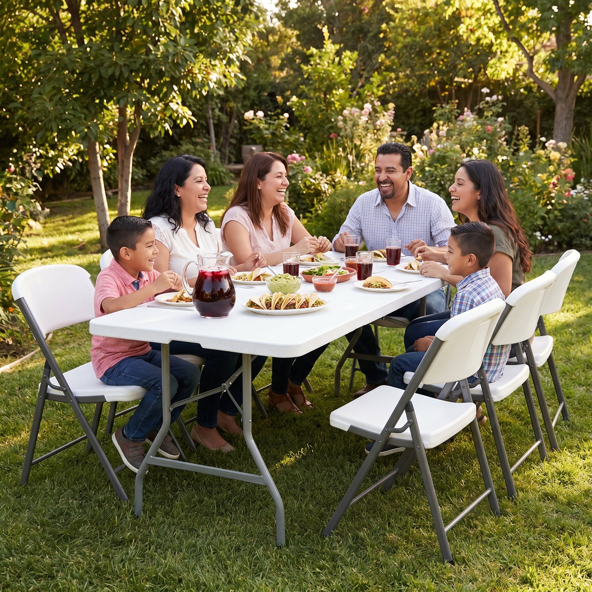 Familia disfrutando comida en mesa plegable Breezee 240 cm en jardin con sillas plegables