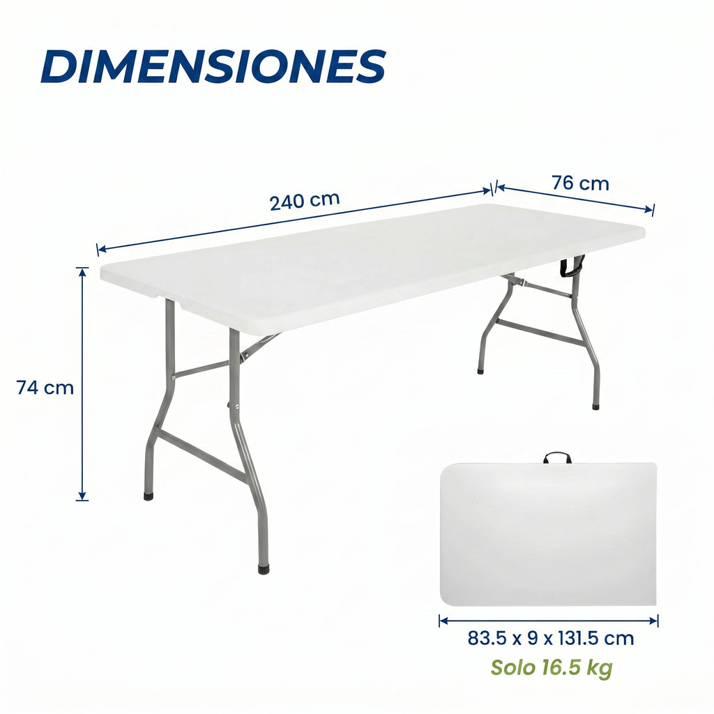 Dimensiones de mesa plegable Breezee 240 cm de largo 76 cm de ancho y 74 cm de alto