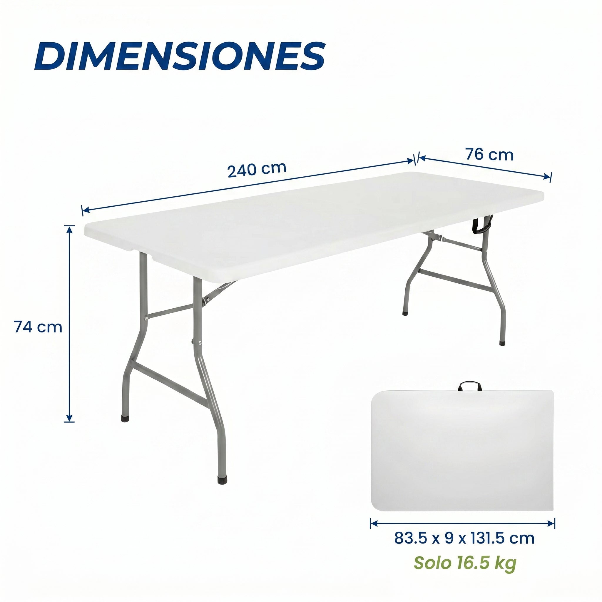 Dimensiones de mesa plegable Breezee 240 cm de largo 76 cm de ancho y 74 cm de alto