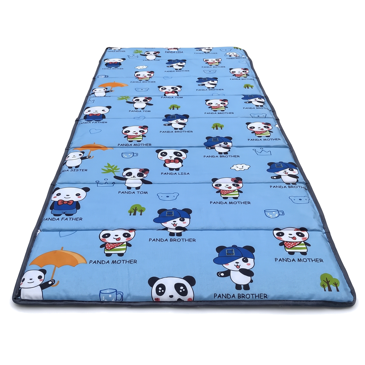 Tapete para siesta extra acolchado estampado panda azul, frente, extendido