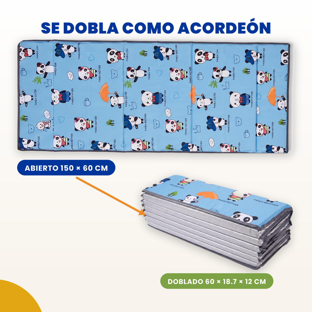 Tapete para siesta extra acolchado estampado panda azul, plegado en acordeón