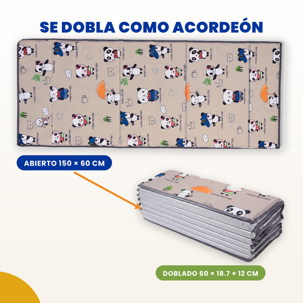 Tapete para siesta extra acolchado estampado panda beige, plegado en acordeón