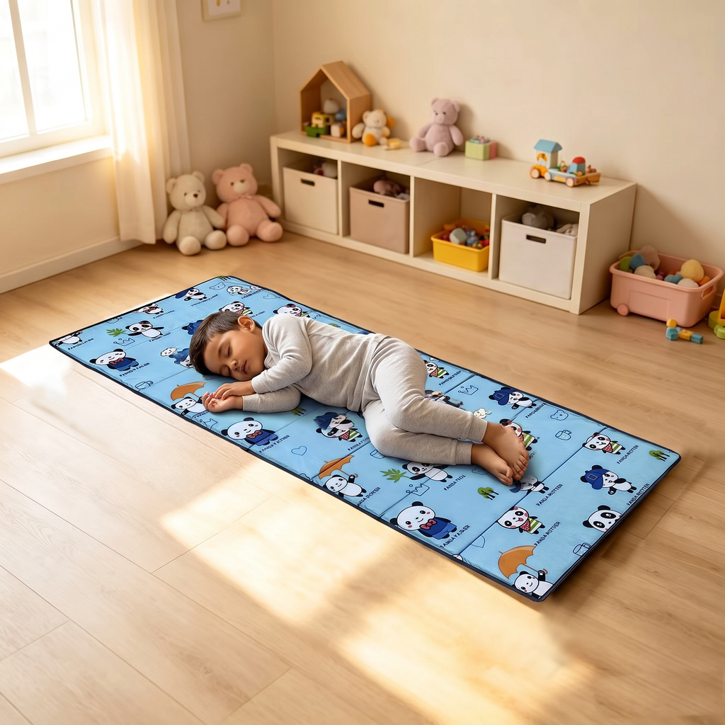 Tapete para siesta extra acolchado estampado panda azul, niño en la siesta
