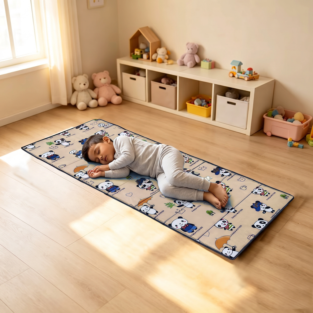 Tapete para siesta extra acolchado estampado panda beige, niño en la siesta