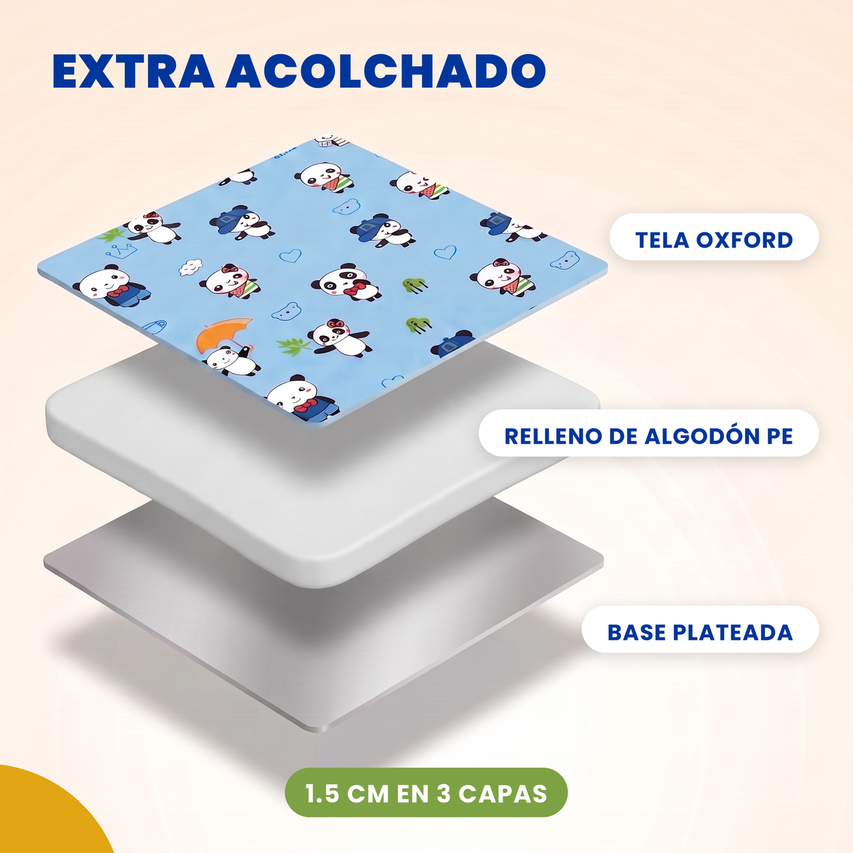 Tapete para siesta extra acolchado estampado panda azul, 3 capas, 1.5 cm de grosor