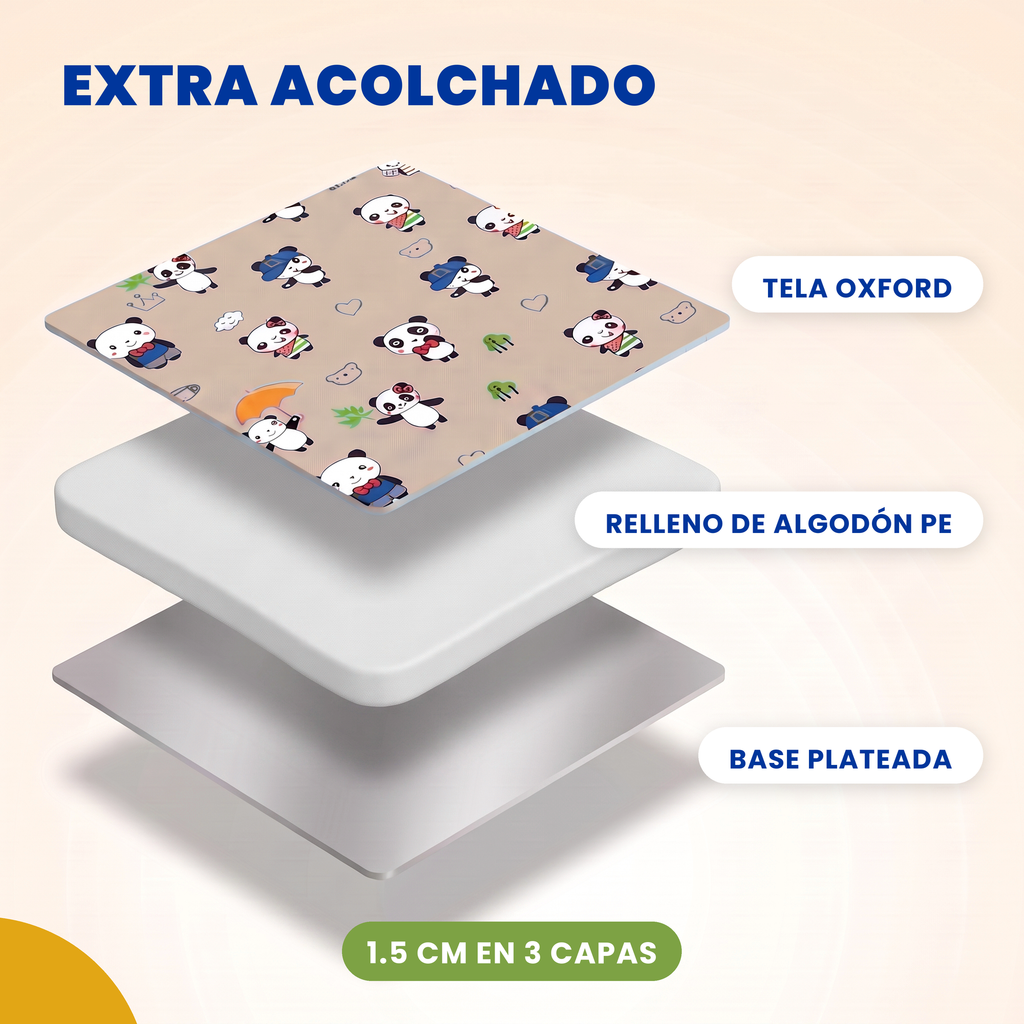 Tapete para siesta extra acolchado estampado panda beige, 3 capas, 1.5 cm de grosor
