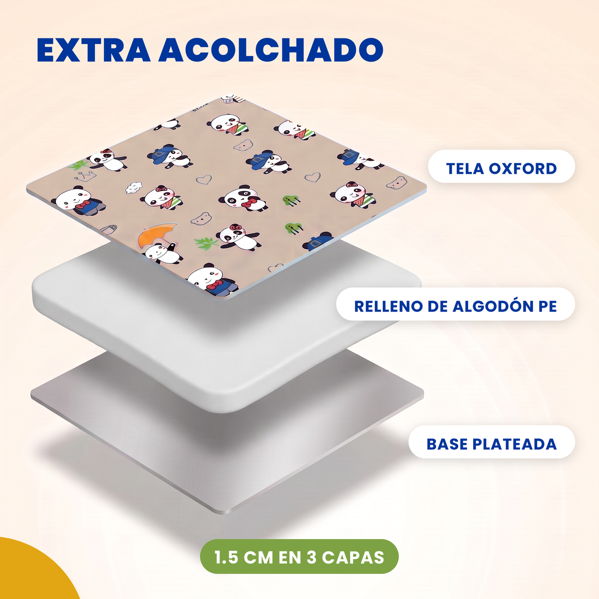 Tapete para siesta extra acolchado estampado panda beige, 3 capas, 1.5 cm de grosor