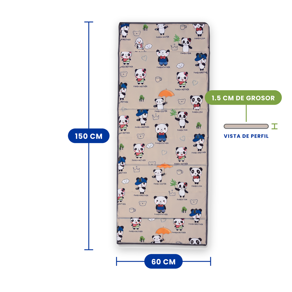 Tapete para siesta extra acolchado estampado panda beige, medidas 150 x 60 cm