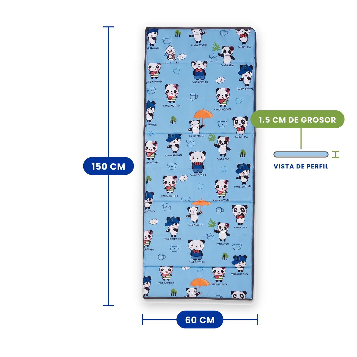 Tapete para siesta extra acolchado estampado panda azul, medidas 150 x 60 cm