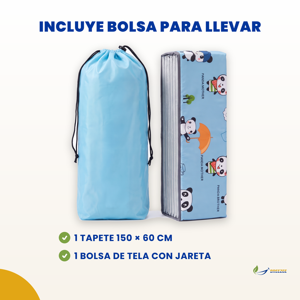 Tapete para siesta extra acolchado estampado panda azul, en su bolsa de tela