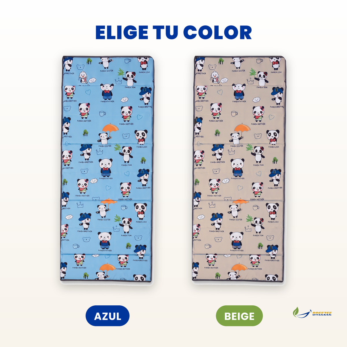 Tapete para siesta extra acolchado estampado panda, colores azul y beige
