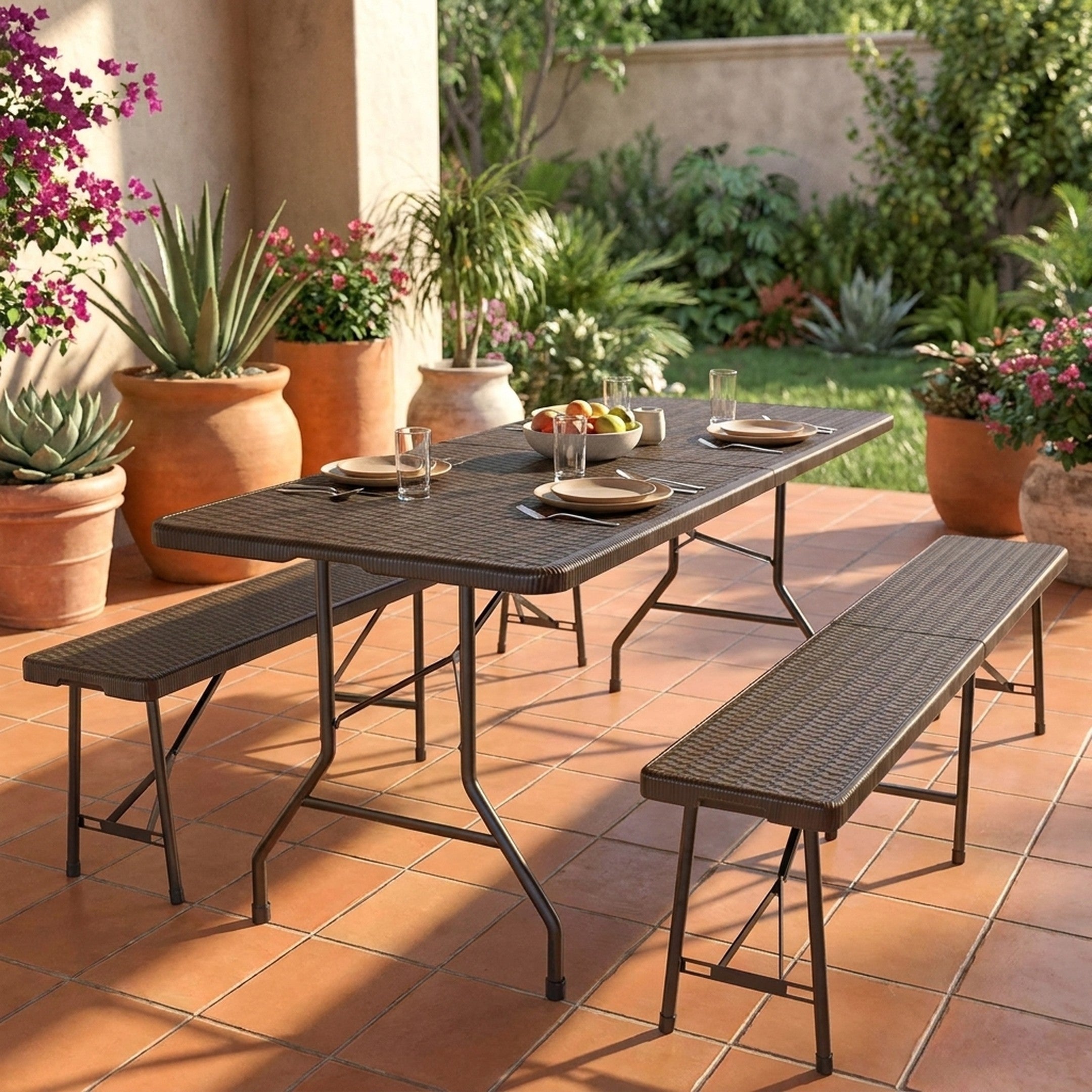Set rattan cafe mesa y 2 bancas en terraza exterior