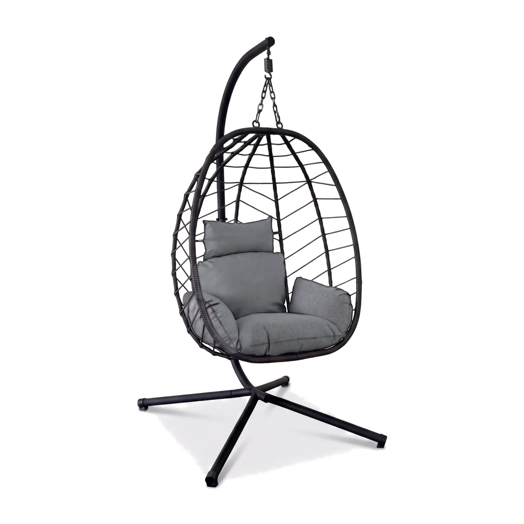 Silla colgante tipo huevo BREEZEE con soporte de piso, ratán negro y cojín gris