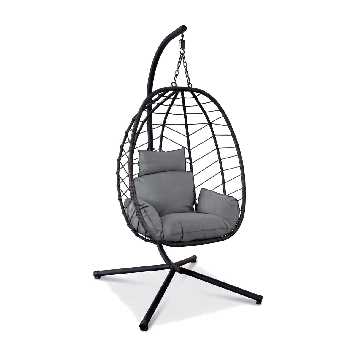 Silla colgante tipo huevo BREEZEE con soporte de piso, ratán negro y cojín gris