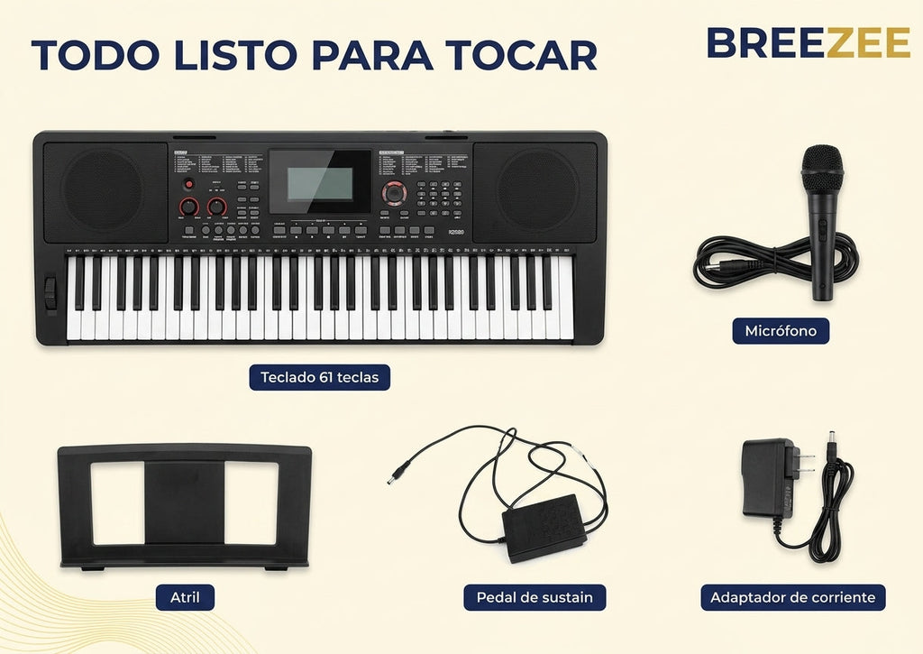 Teclado Electrónico 61 Teclas - Kit Completo con Micrófono, Pedal y Atril