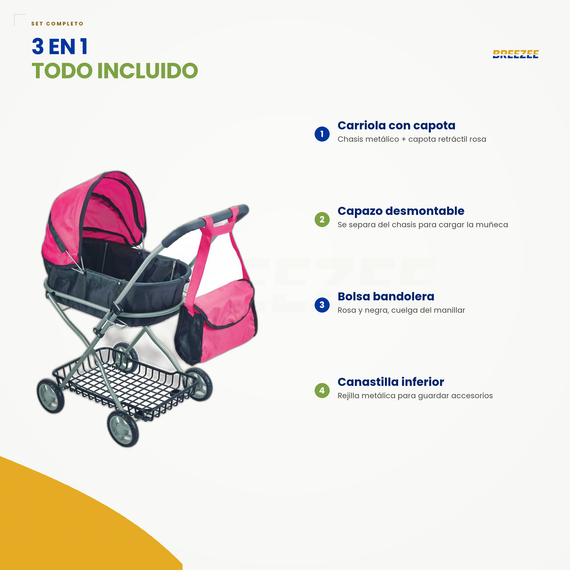 Carriola de juguete BREEZEE 3 en 1 con capazo desmontable bolsa bandolera y canastilla