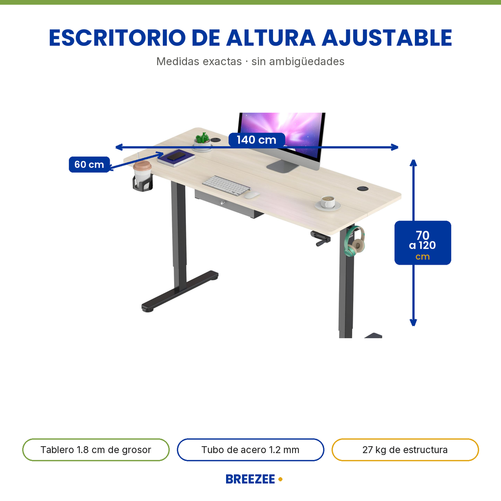 Medidas del escritorio ajustable BREEZEE 140x60 altura 70 a 120 cm