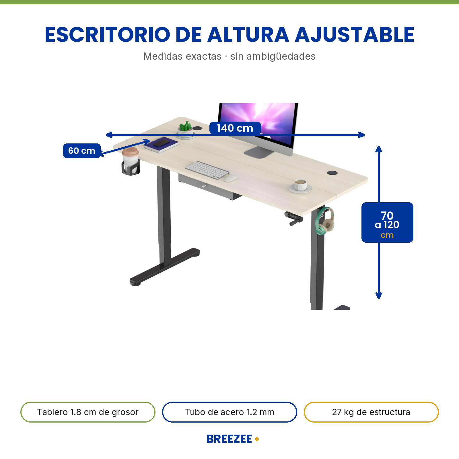 Medidas del escritorio ajustable BREEZEE 140x60 altura 70 a 120 cm