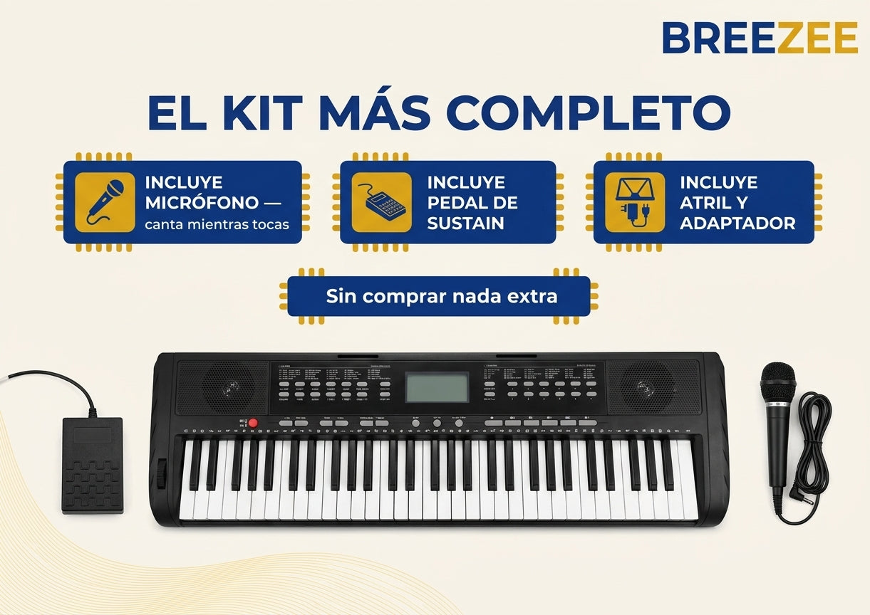 Teclado Electrónico 61 Teclas - Kit Completo con Micrófono, Pedal y Atril