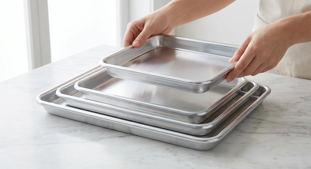 Charolas de aluminio anidables guardadas una dentro de otra