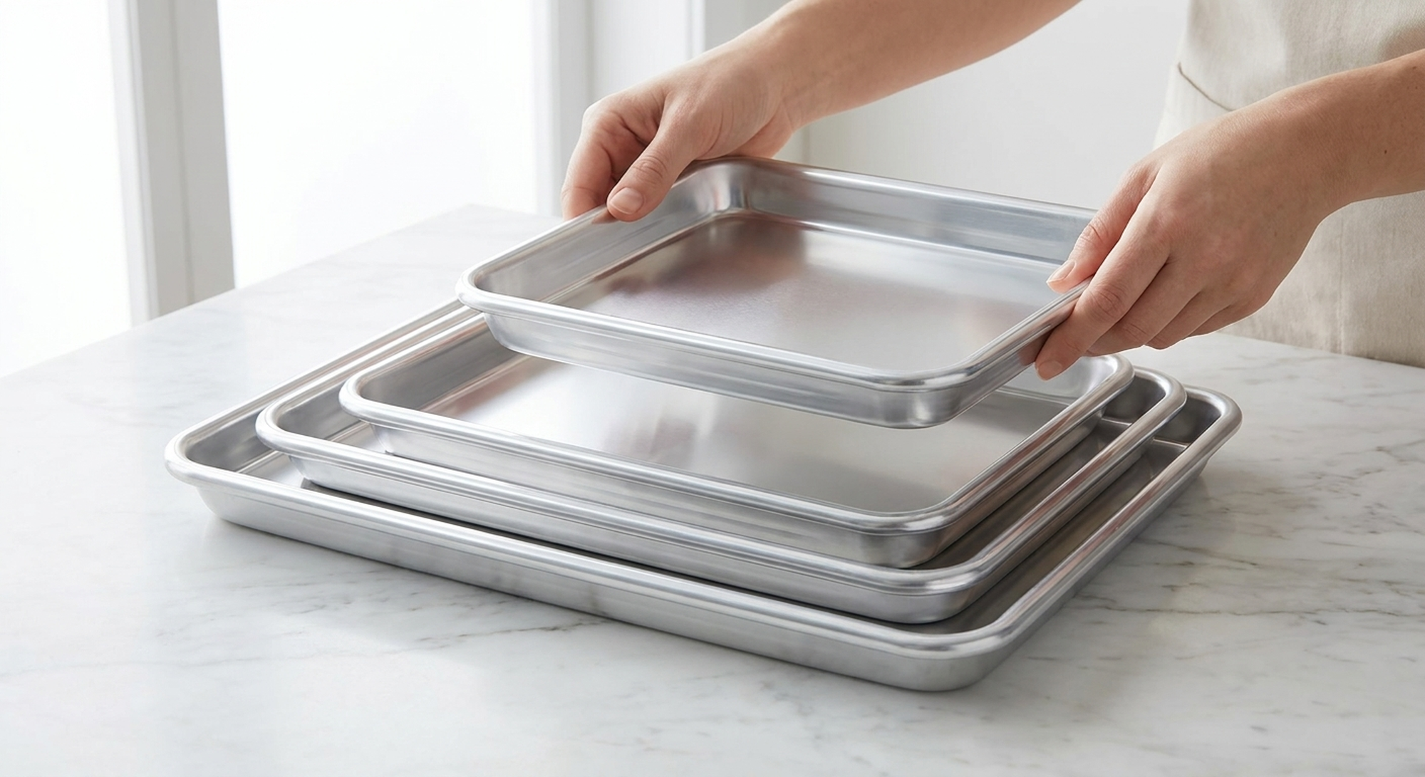 Charolas de aluminio anidables guardadas una dentro de otra