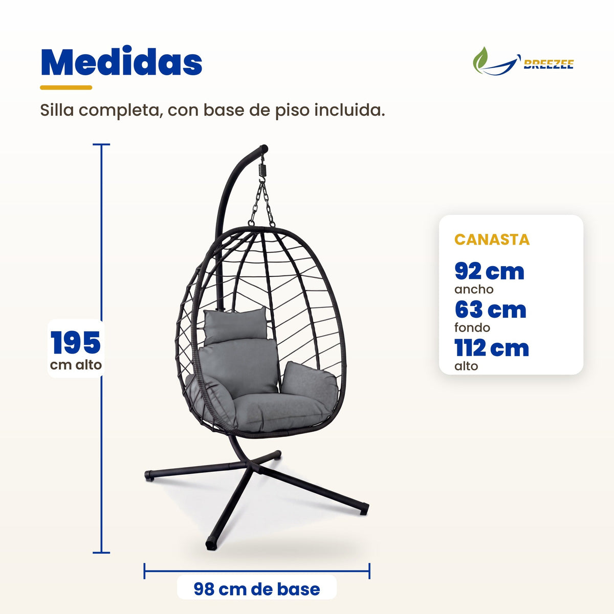 Medidas: 195 cm de alto, base de 98 cm, canasta 92 x 63 x 112 cm