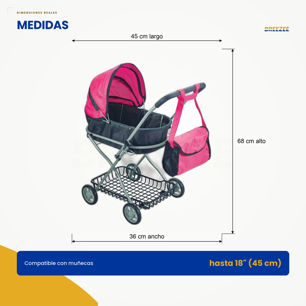 Infografía de medidas de la carriola de juguete BREEZEE 45 x 36 x 68 cm