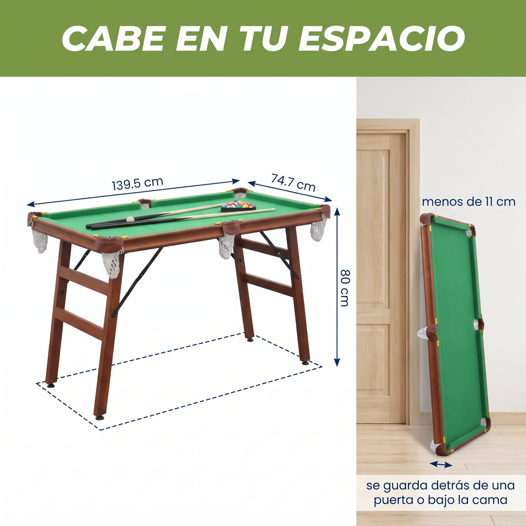 Cabe en tu espacio: mesa de billar BREEZEE 139.5 x 74.7 x 80 cm y plegada en menos de 11 cm