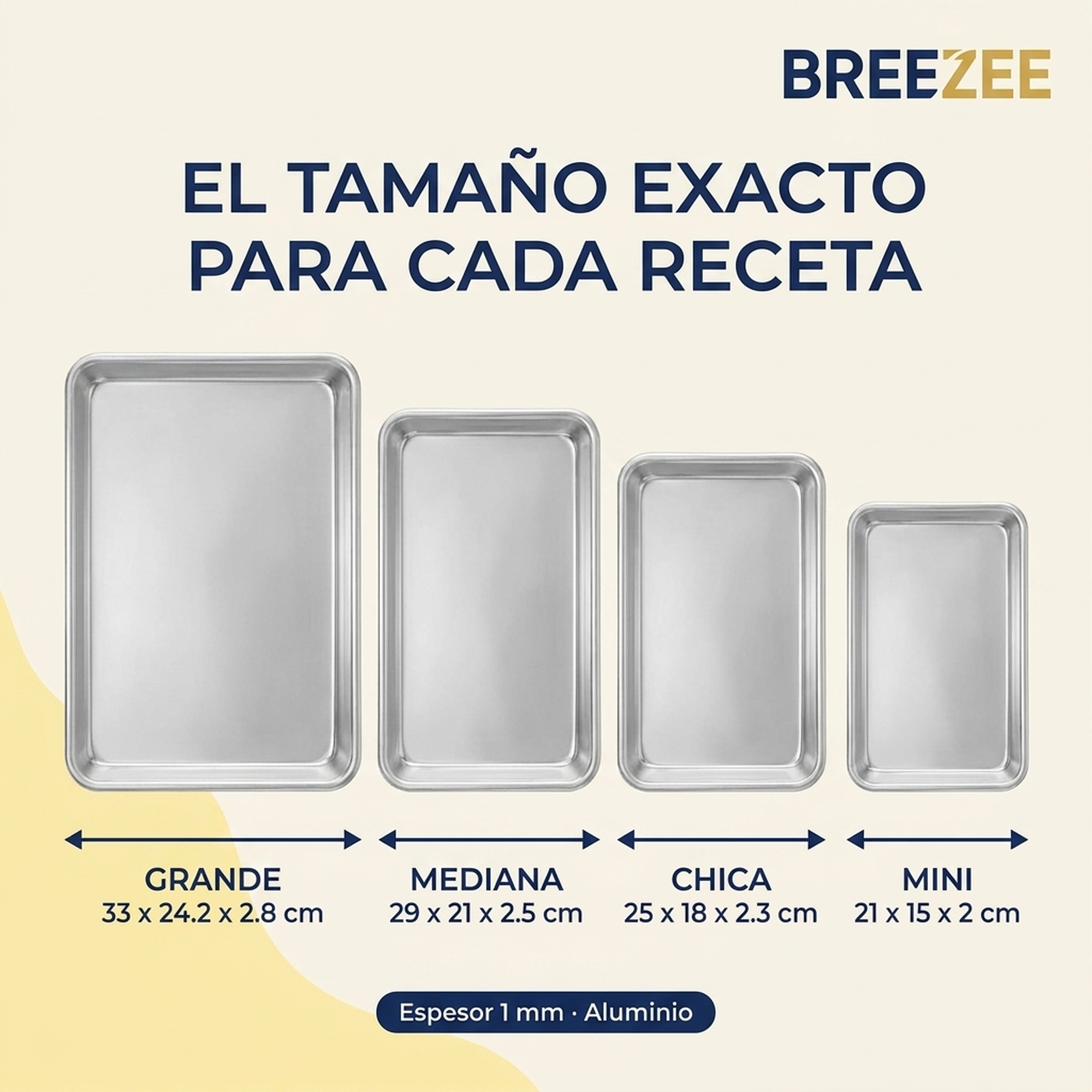 Medidas de las 4 charolas BREEZEE 33 29 25 y 21 centimetros