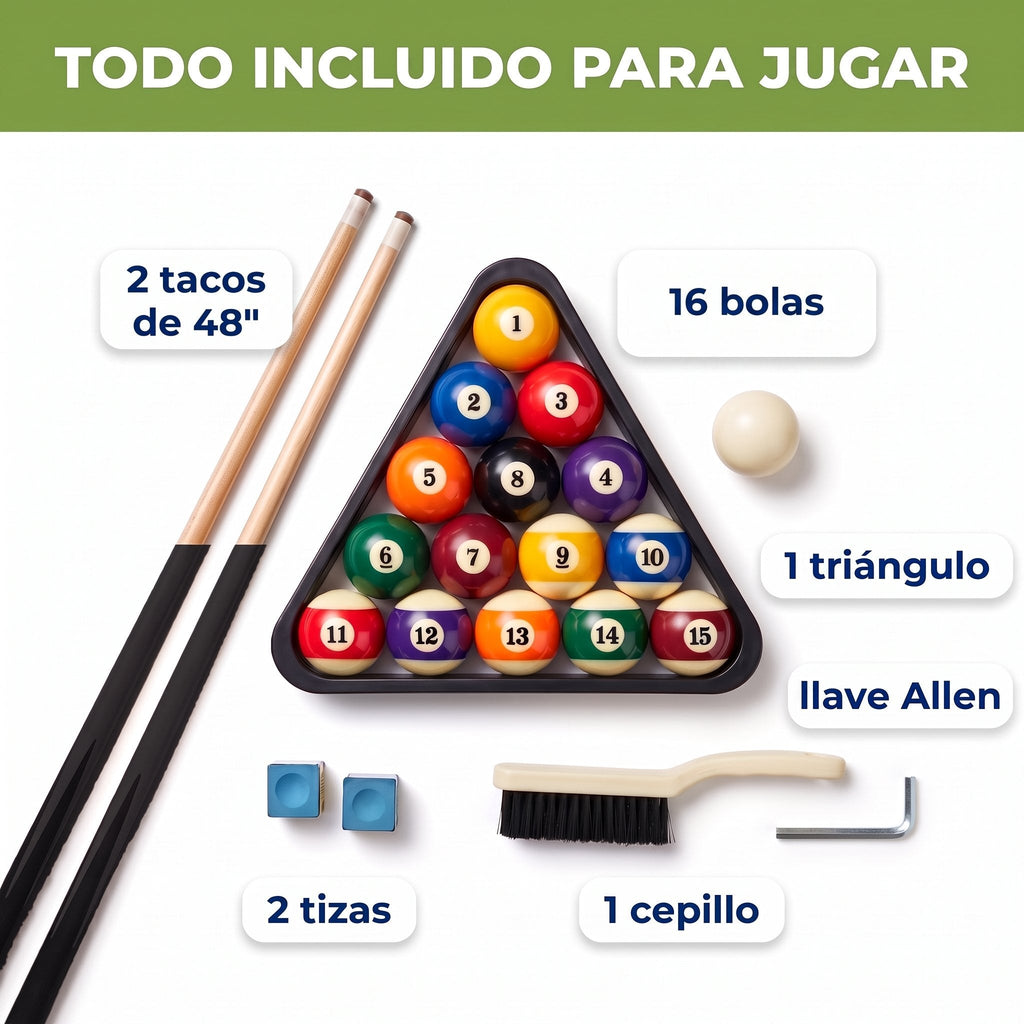 Todo incluido para jugar: 2 tacos, 16 bolas, triángulo, 2 tizas, cepillo y llave Allen de la mesa de billar BREEZEE