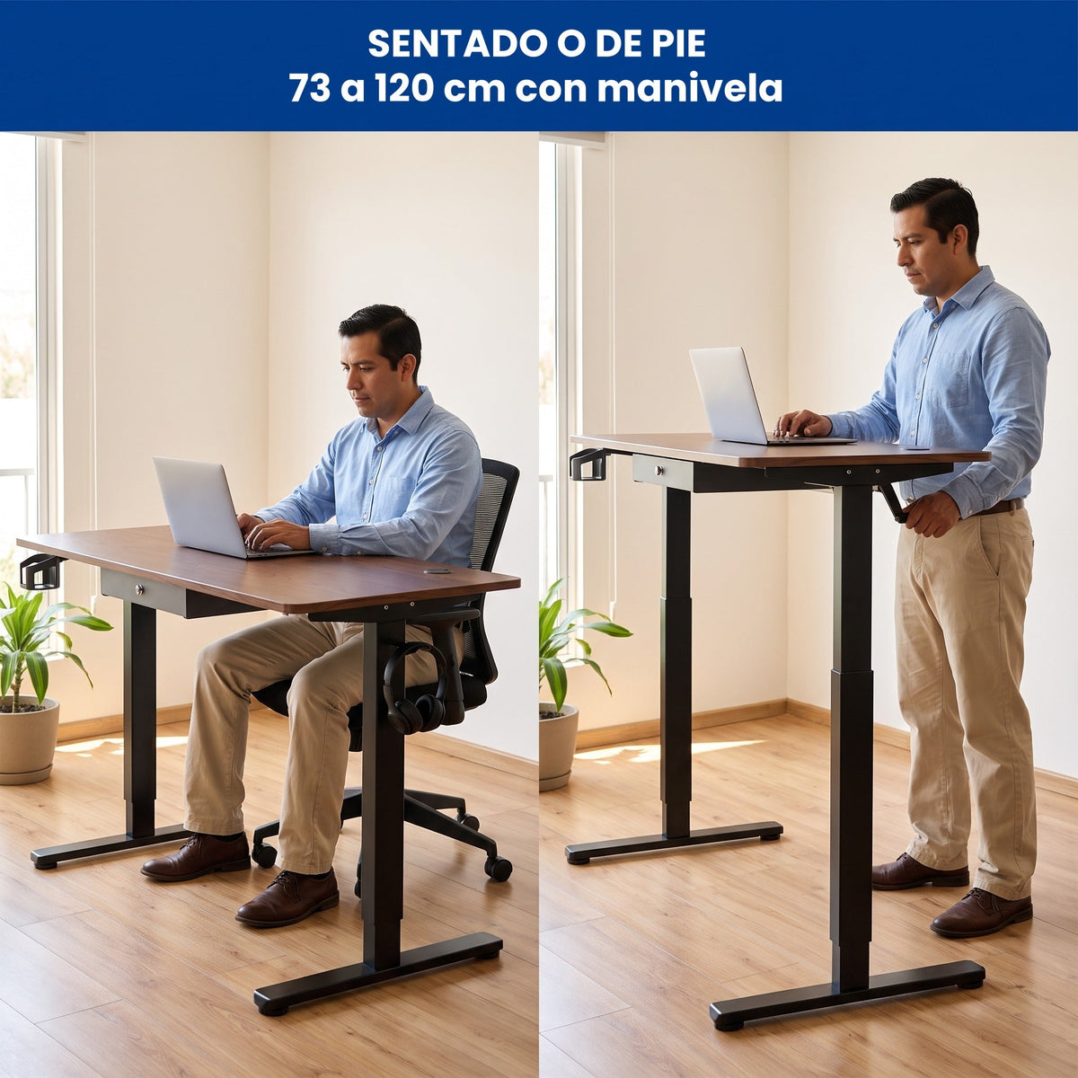 Escritorio BREEZEE nogal sentado o de pie, se ajusta de 73 a 120 cm con manivela