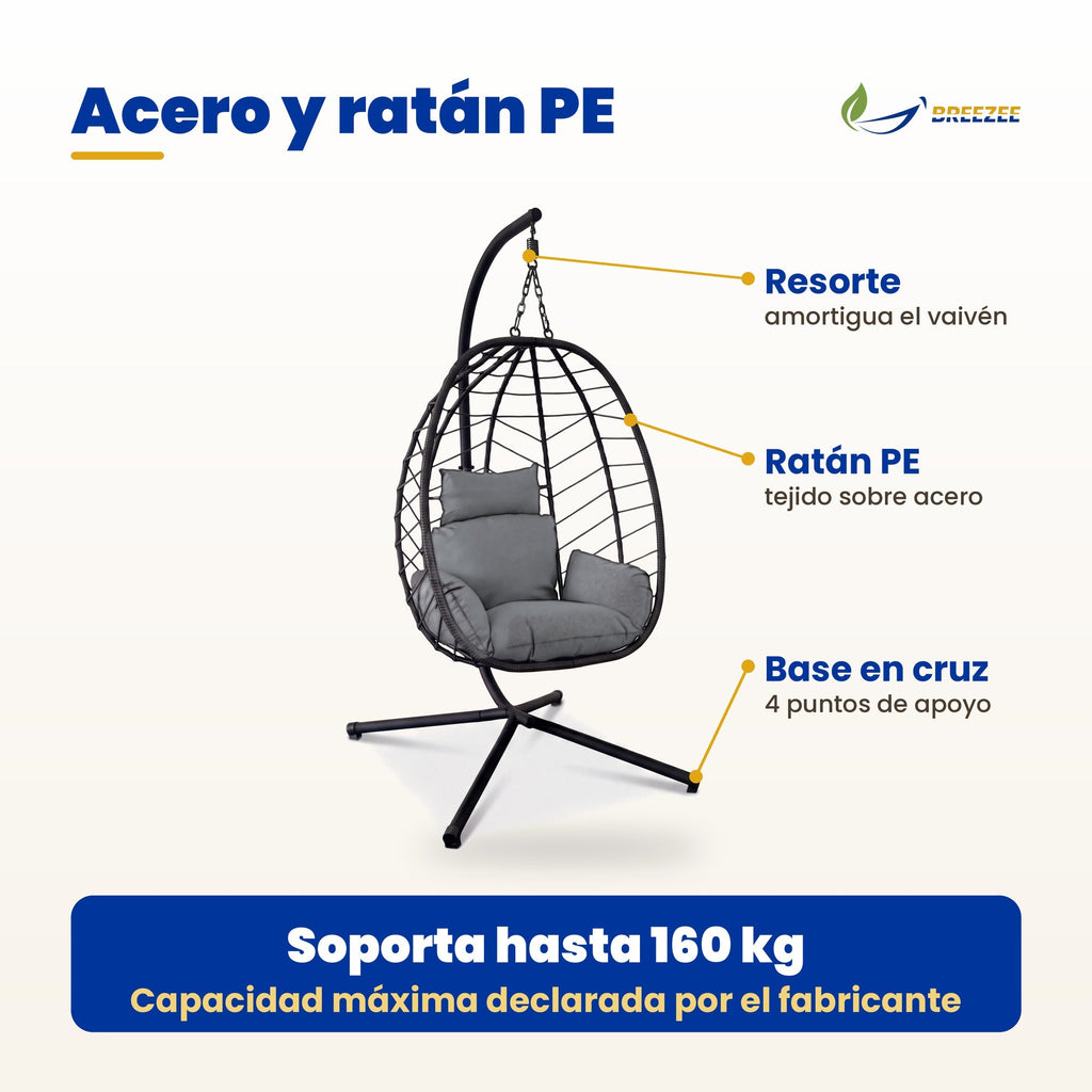 Estructura de acero, ratán sintético PE, resorte y base en cruz; capacidad máxima declarada por el fabricante 160 kg