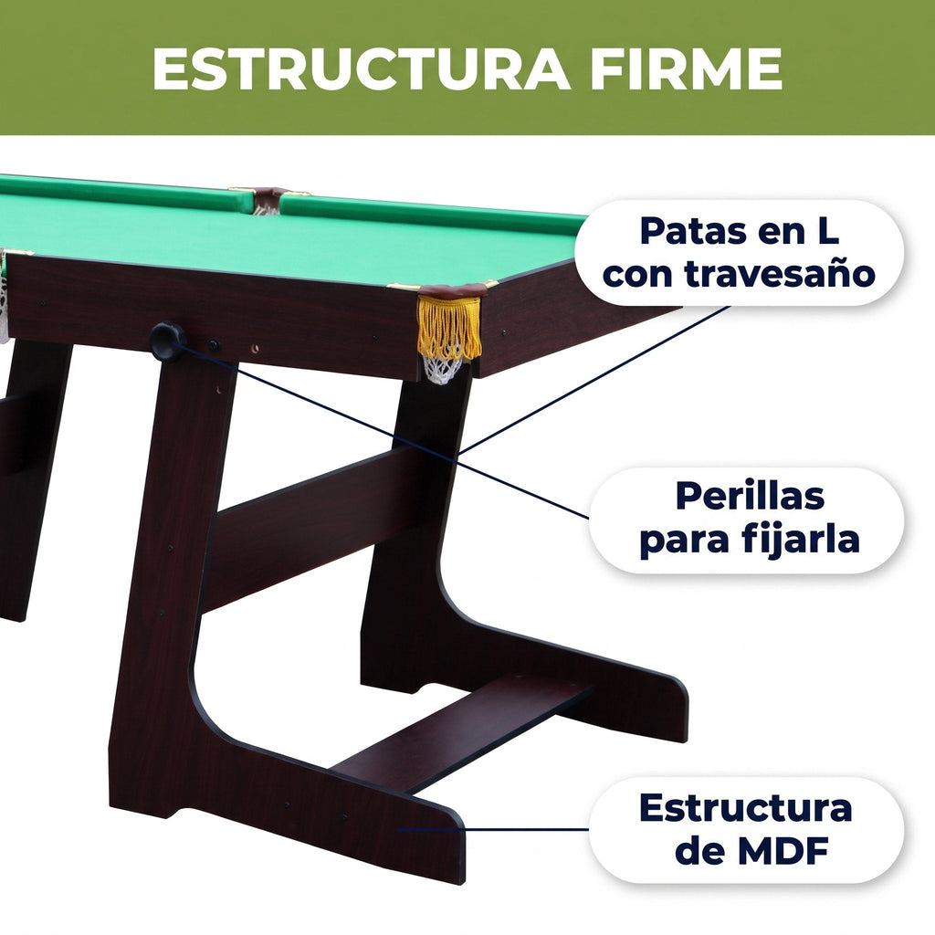 Estructura firme de la mesa de billar BREEZEE: patas en L con travesaño, perillas para fijarla y estructura de MDF