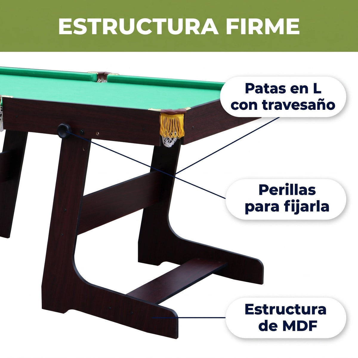 Estructura firme de la mesa de billar BREEZEE: patas en L con travesaño, perillas para fijarla y estructura de MDF