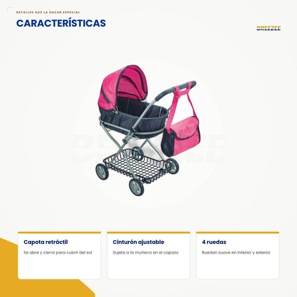 Características de la carriola de juguete BREEZEE capota retráctil cinturón ajustable 4 ruedas