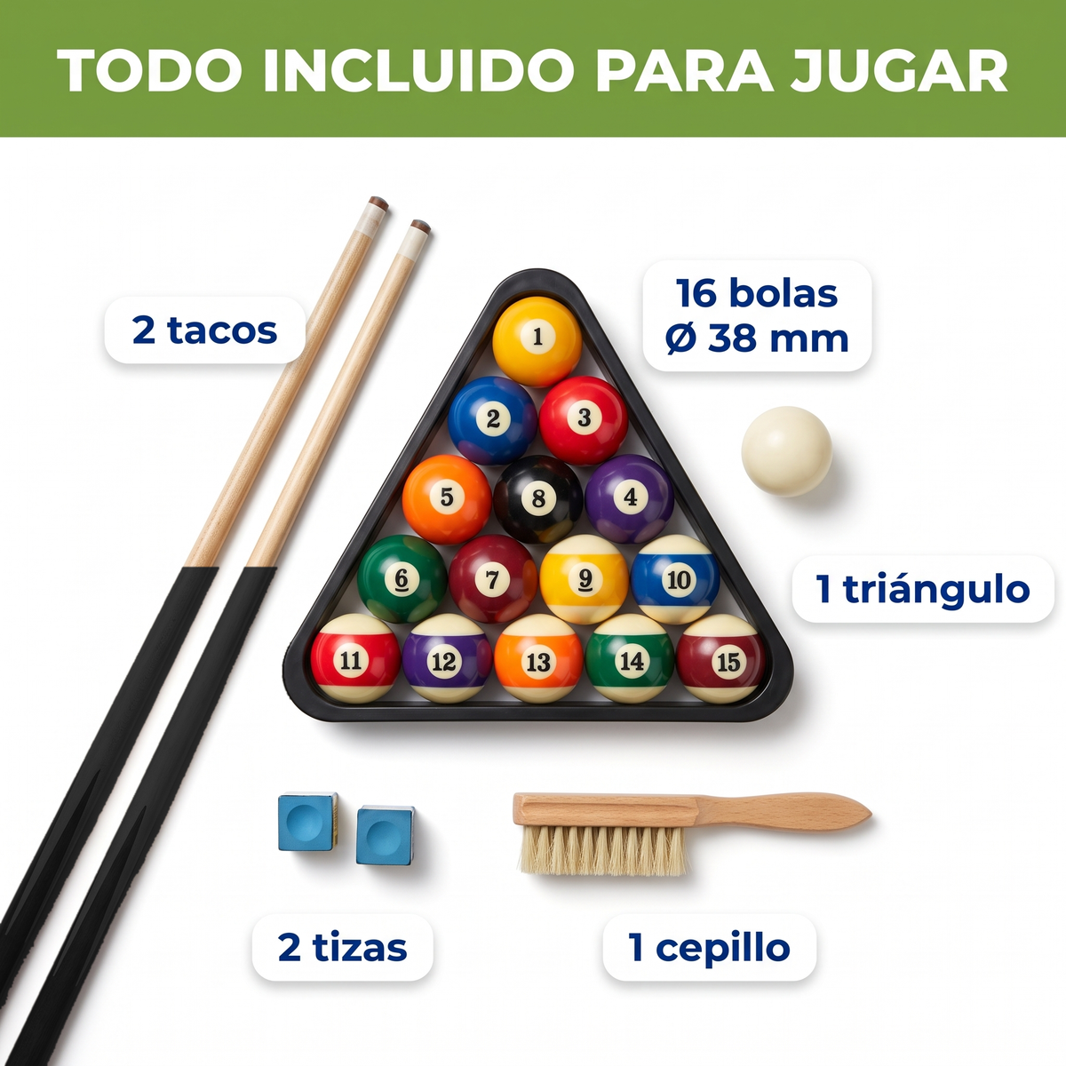 Todo incluido para jugar: 2 tacos, 16 bolas de 38 mm, triángulo, 2 tizas y cepillo de la mesa de billar BREEZEE