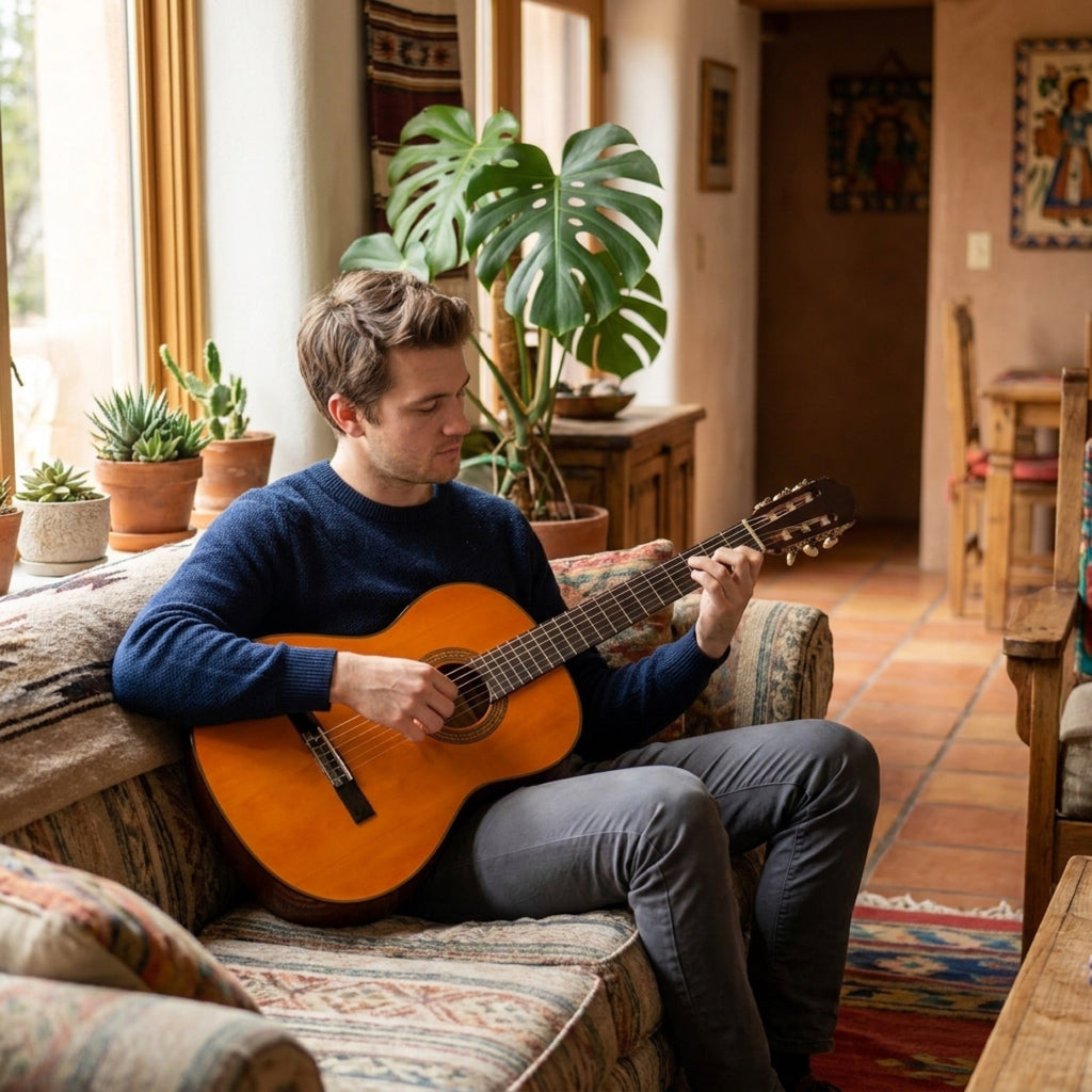 Persona tocando la guitarra clasica sunburst en casa