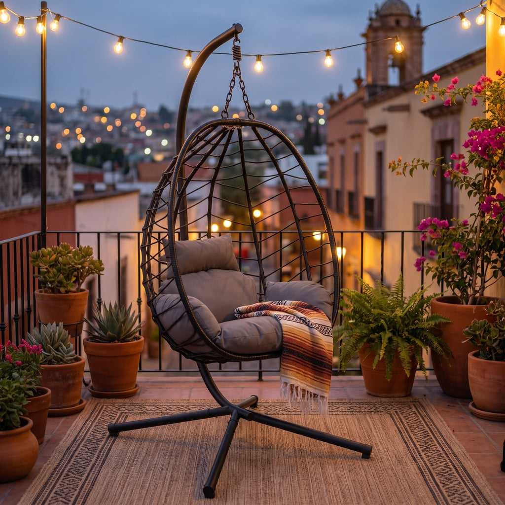 Silla colgante en balcón al atardecer