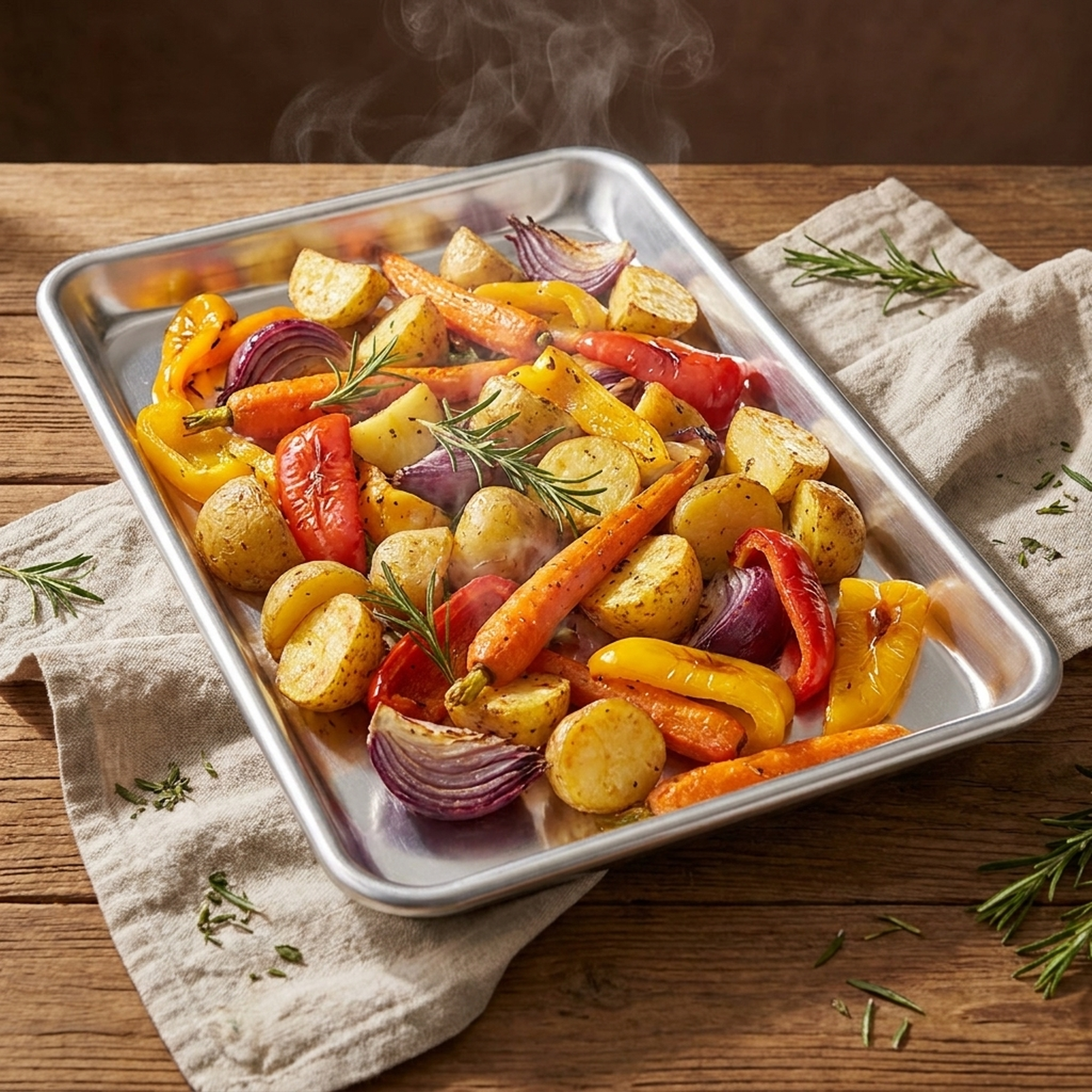 Charola de aluminio 33 cm con verduras rostizadas saliendo del horno
