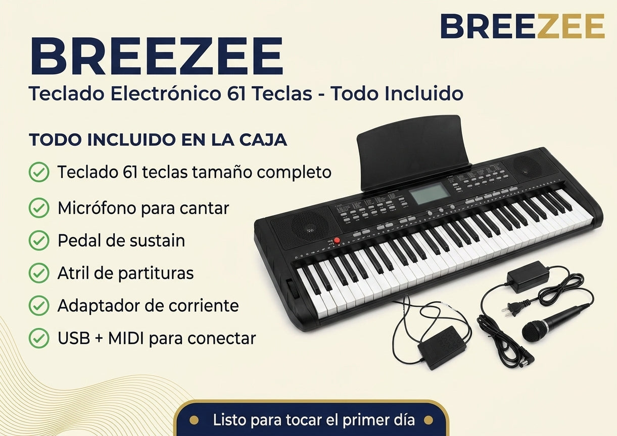 Teclado Electrónico 61 Teclas - Kit Completo con Micrófono, Pedal y Atril
