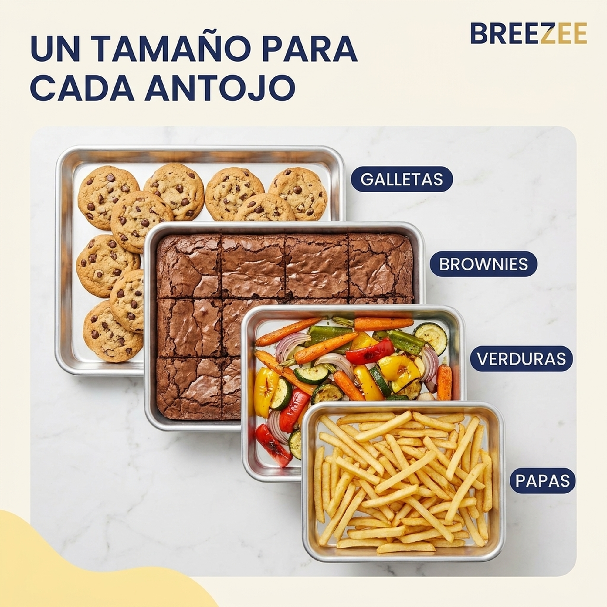 Vista superior de las 4 charolas con galletas brownies verduras y papas