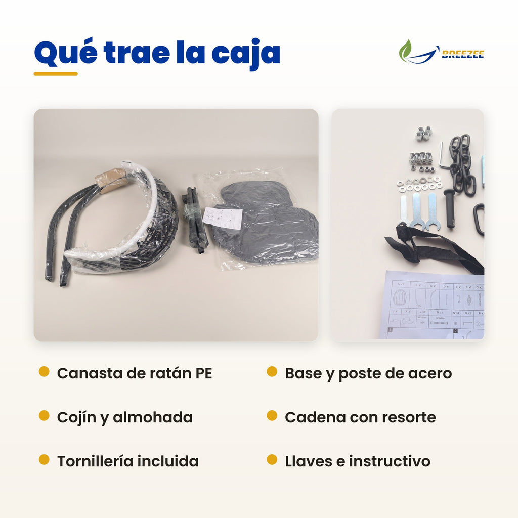 Qué trae la caja: canasta, base, cojín, almohada, cadena con resorte, tornillería, llaves e instructivo