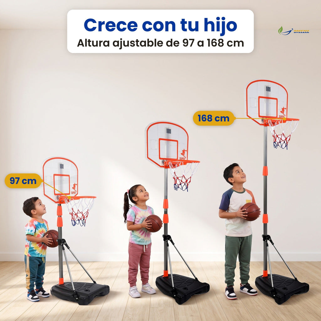 Canasta de basquetbol infantil en 3 alturas, de 97 a 168 cm, junto a niños de distintas edades
