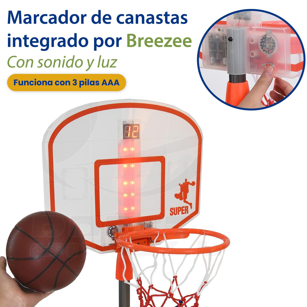 Marcador electrónico de canastas con luz y sonido, funciona con 3 pilas AAA