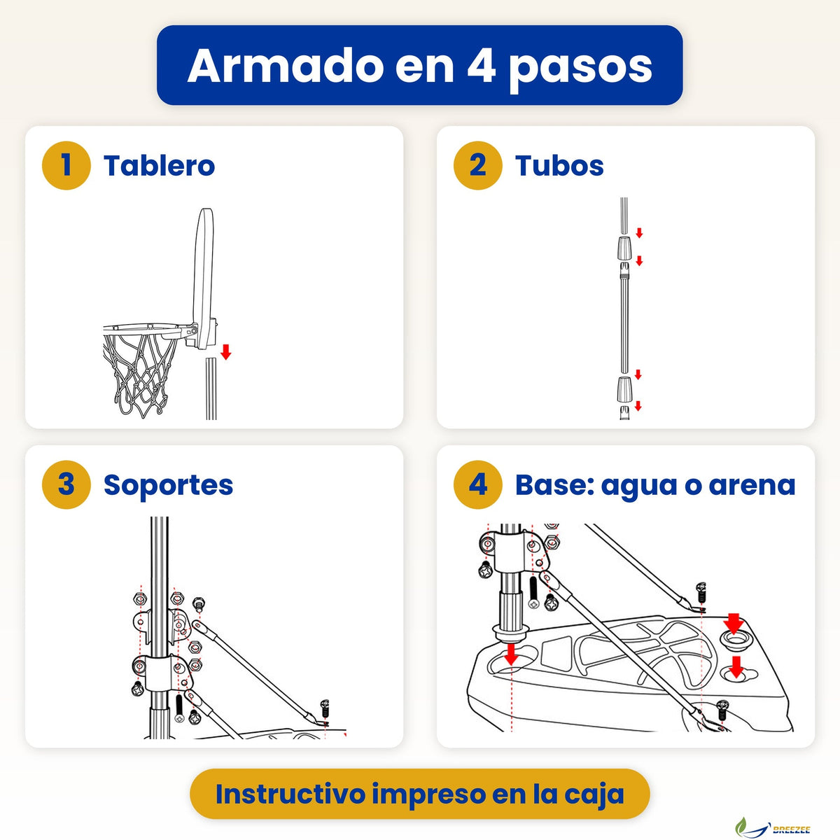 Armado en 4 pasos: tablero, tubos, soportes y base con agua o arena; instructivo impreso en la caja