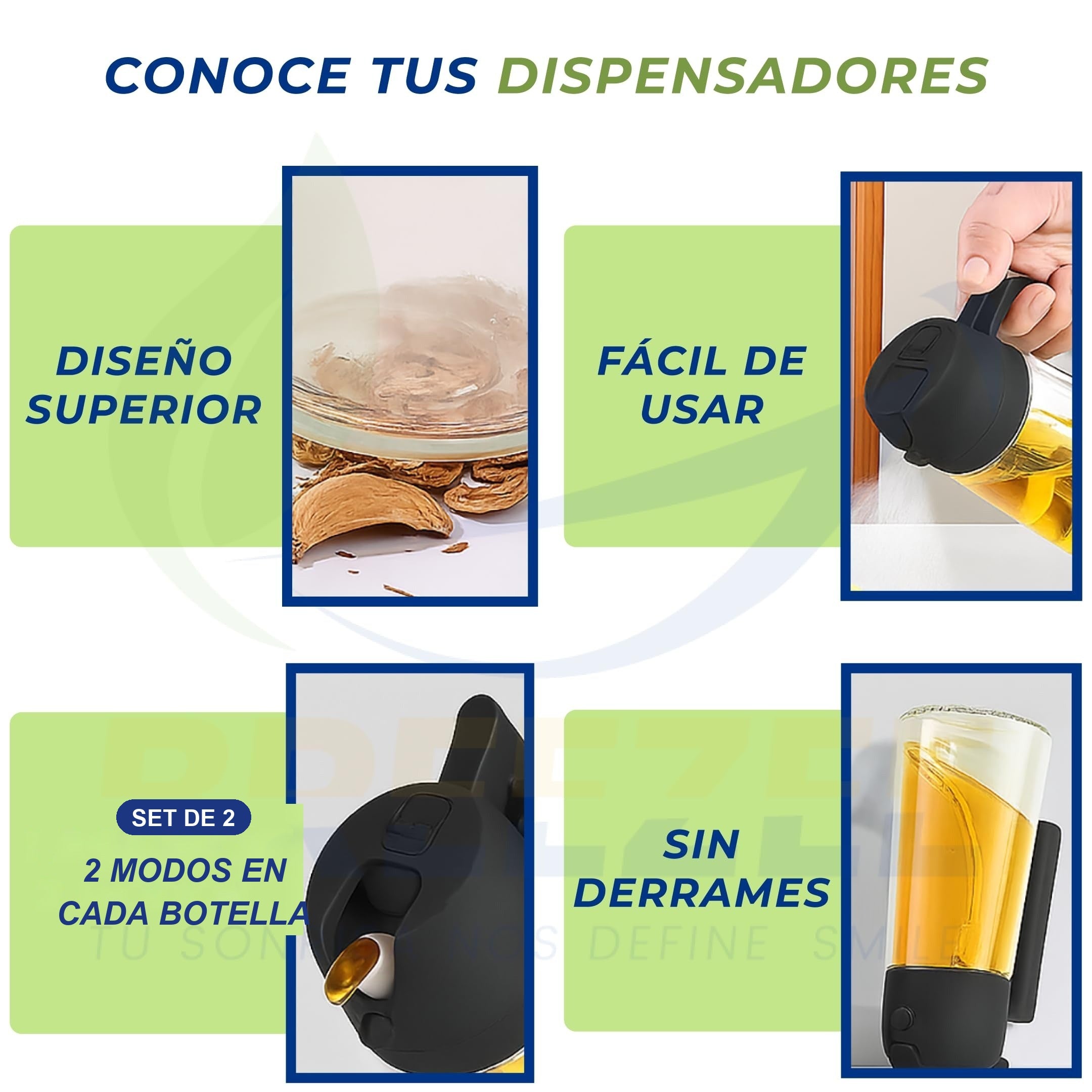 Infografía conoce tus dispensadores - set de 2, 2 modos en cada botella