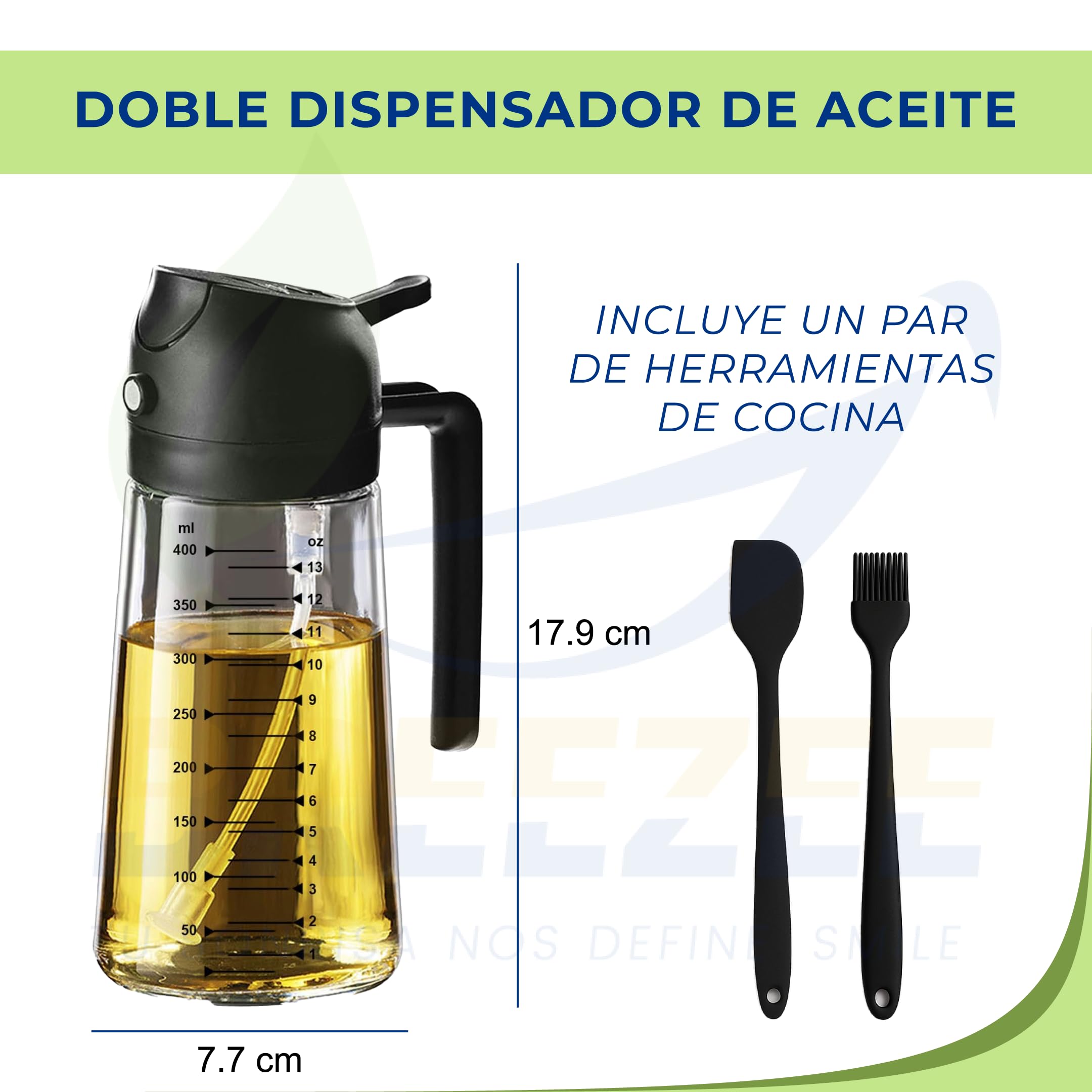 Infografía set 2 dispensadores de aceite BREEZEE con medidas 17.9 x 7.7 cm