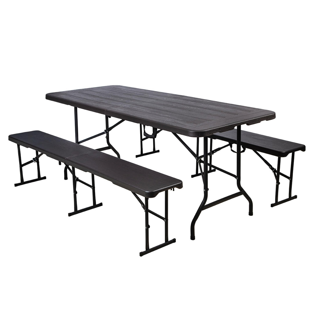 Set mesa plegable con 2 bancas BREEZEE 180 cm textura tipo madera gris oscuro