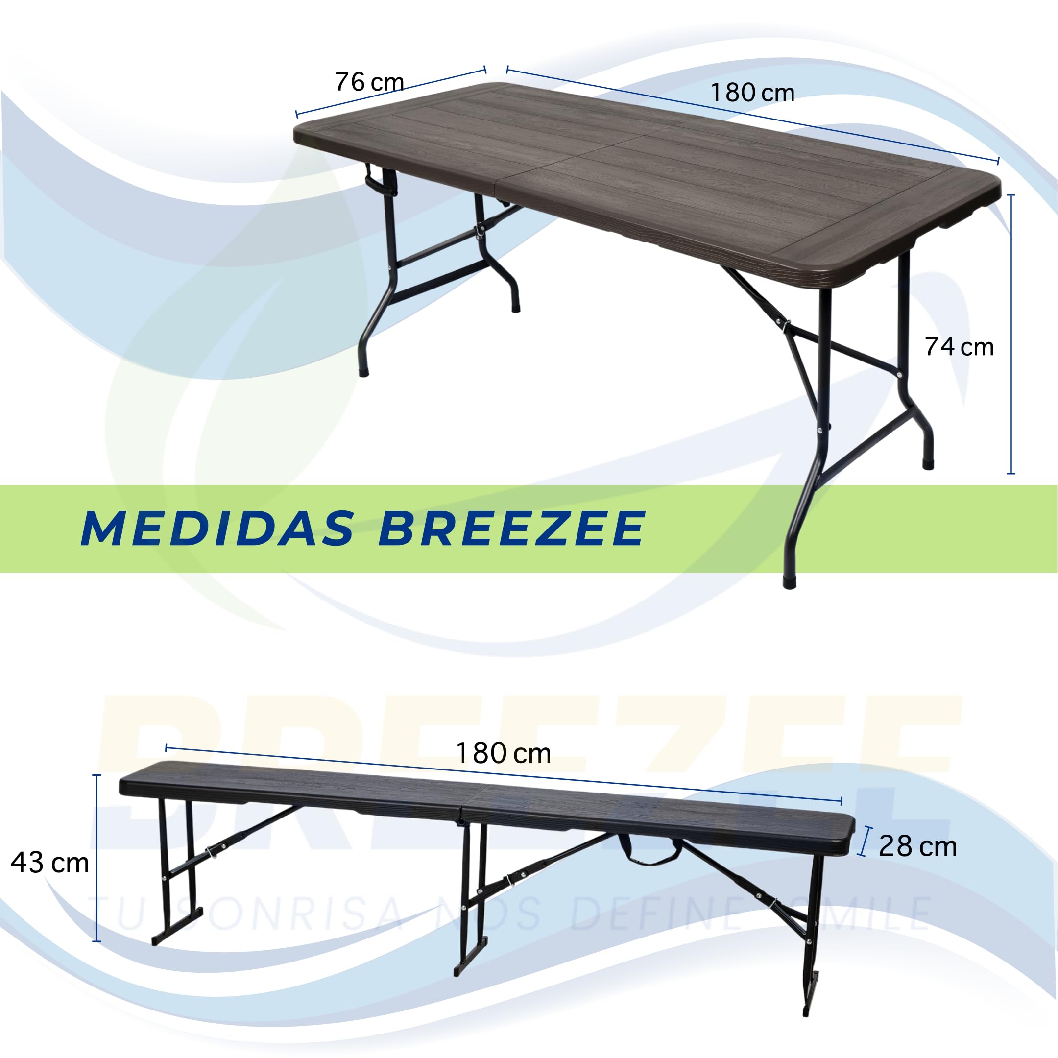 Medidas del set BREEZEE mesa 180 x 76 x 74 cm y bancas de 180 x 28 x 43 cm
