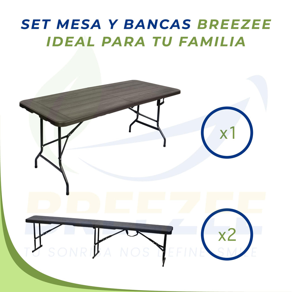 Set BREEZEE incluye 1 mesa plegable y 2 bancas largas ideal para tu familia